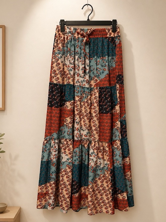 Dresses & Skirts - Boho Patchwork Maxi Skirt - Teal, Rust & Cream. Size medium.